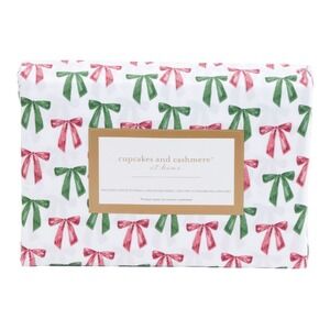 Cupcakes and Cashmere Ribbon‎ Bow Sheet Set Queen White Red Green Christmas NWT